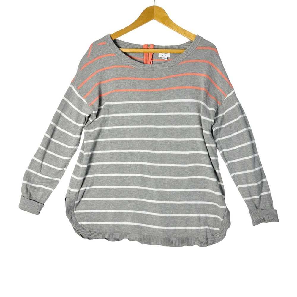Crown Ivy Striped Quarter Zip Sweater Coral White Gray Women's‎ Medium